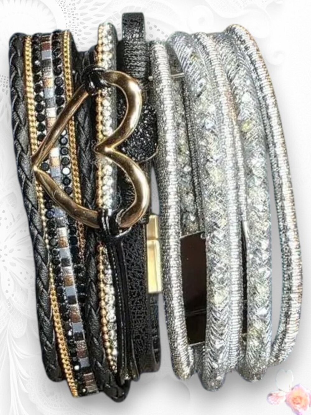 Mixed Gold & Silver Heart Bracelet Stack Set Layered Magnetic Clasp 451